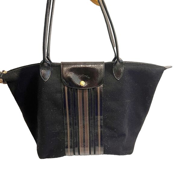 Longchamp Wool Depose Le Pliage Tote Shoulder L Patent Leather Stripe Black Rare